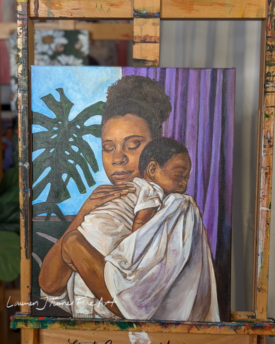 Original Painting: Black Mother Cradles Baby Near Window