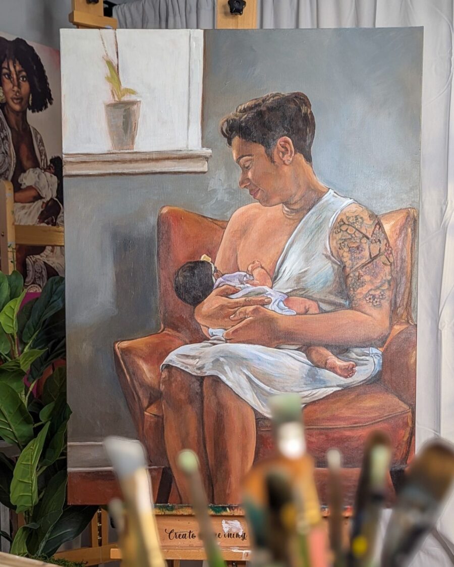 Original Painting: Breastfeeding in Orange Chair