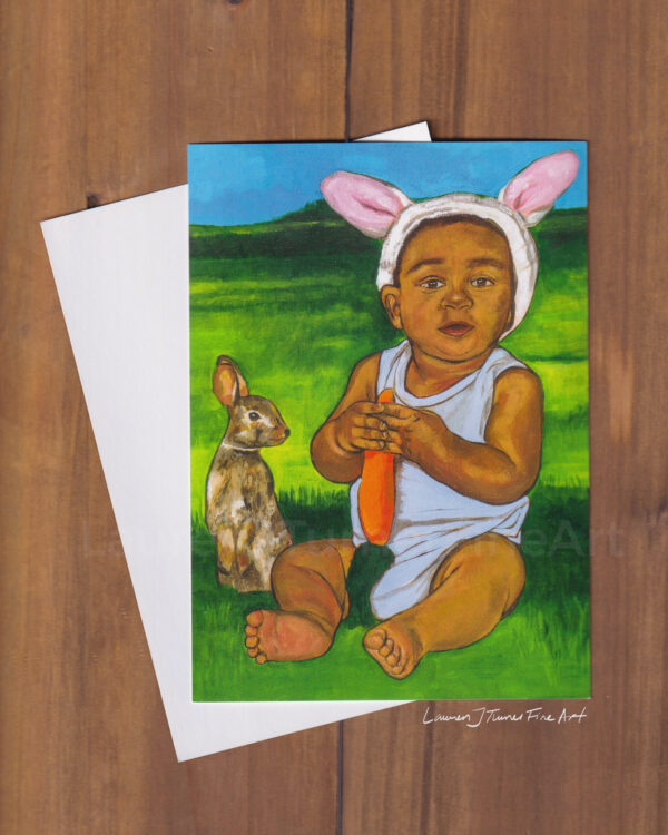 Baby Boy with Baby Rabbit Flat Art Card