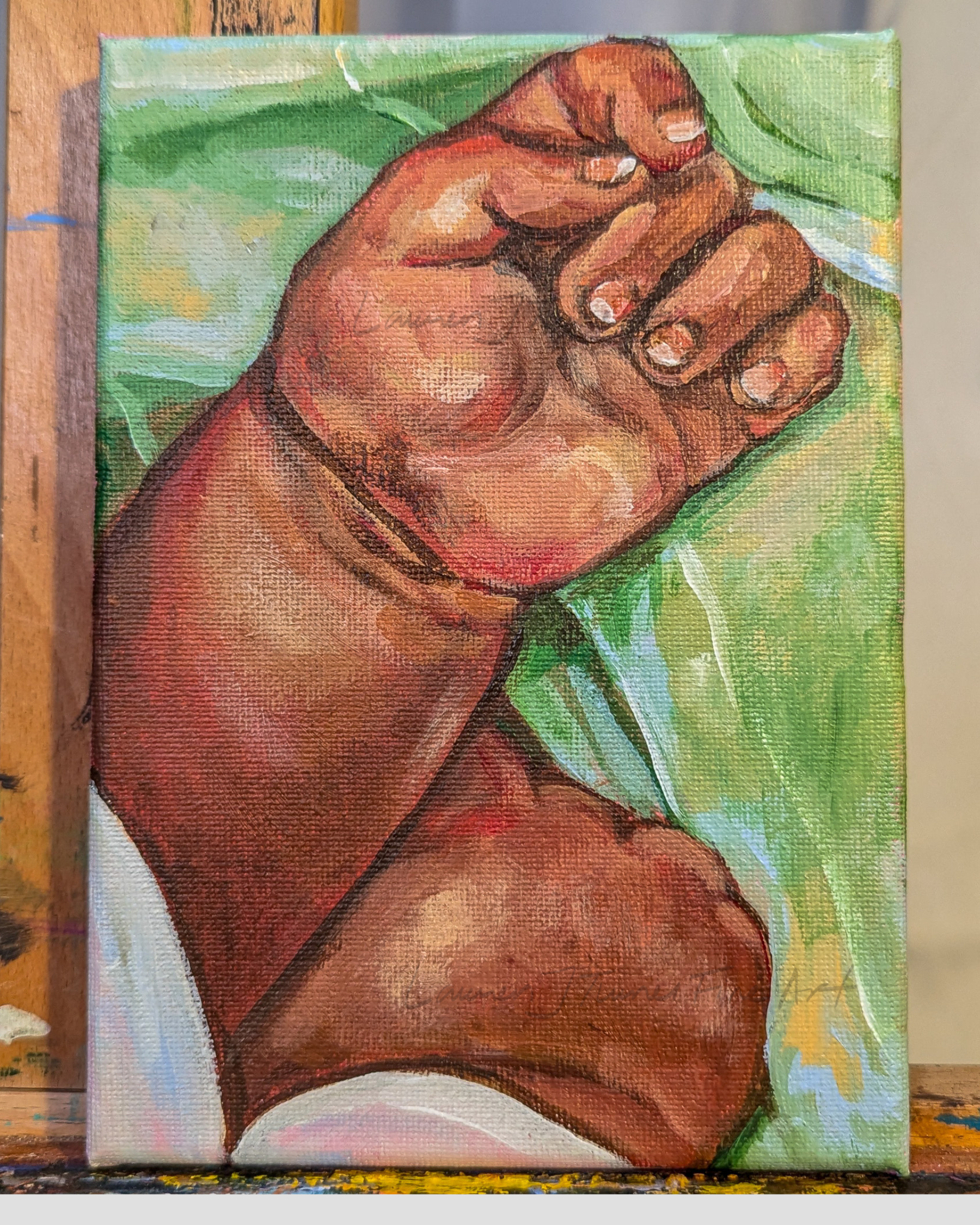 Original Painting: Baby Hands Near Green Blanket