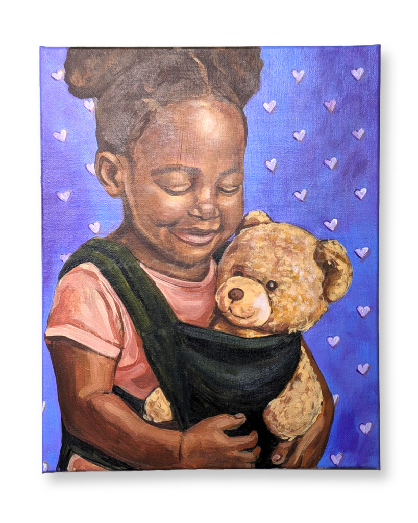 Original Painting: Little Girl Babywearing Her Teddy Bear