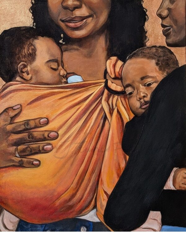 Original Painting: Two Black Mothers Baby Wearing with Orange Ring Sling