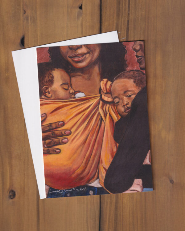Two Black Mothers Baby Wearing with Orange Ring Sling Flat Art Card