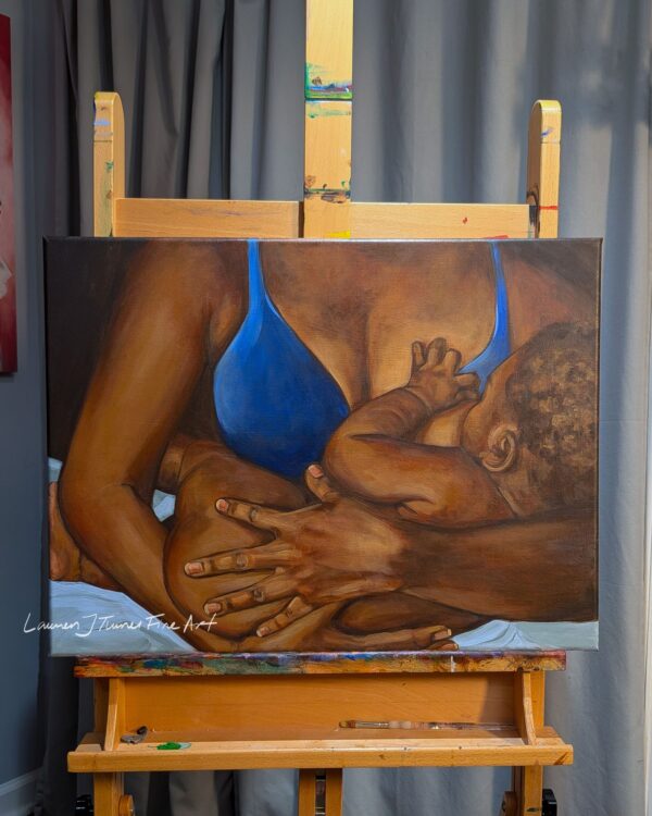 Original Painting: Breastfeeding with Blue Bra