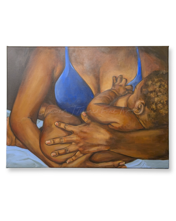 Original Painting: Breastfeeding with Blue Bra