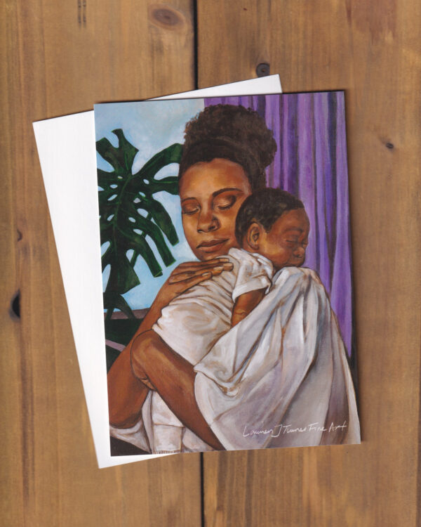 Black Mother Cradles Baby Near Window Flat Art Card