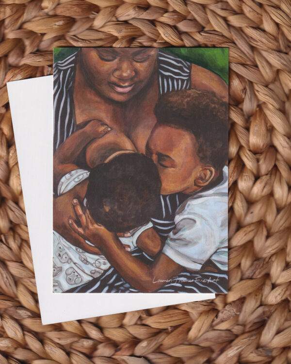 Breastfeeding with a kiss in striped Dress Flat Art Card