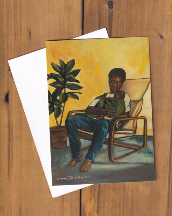 Sleepy Father in Chair Baby Wearing Flat Art Card